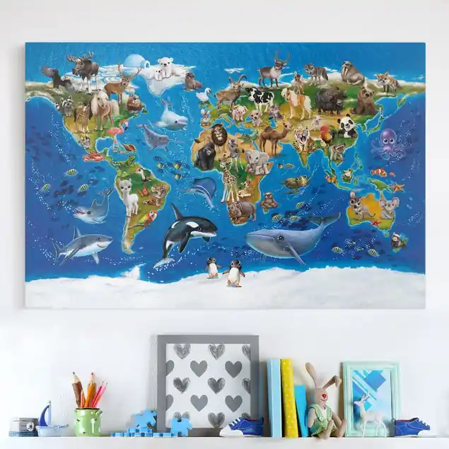 Nur Für Kurze Zeit Animal Club International - Weltkarte mit Tieren Leinwandbild – Canvas