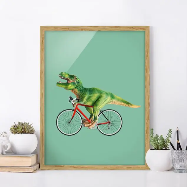 Neue Kollektion Dinosaurier mit Fahrrad Bild mit Rahmen - Hochformat