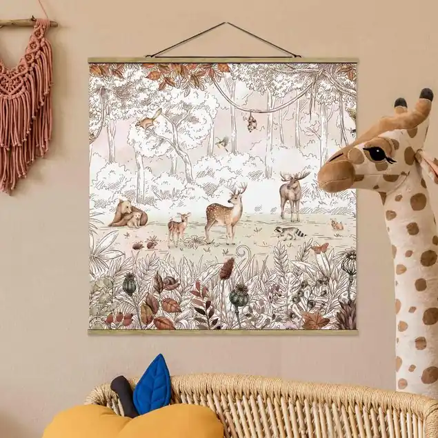 Neue Kollektion Buntes Treiben im Herbstwald Stoffbild mit Posterleisten