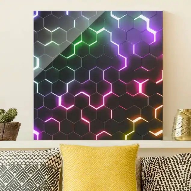 Abverkauf Strukturierte Hexagone mit Neonlicht Glasbild