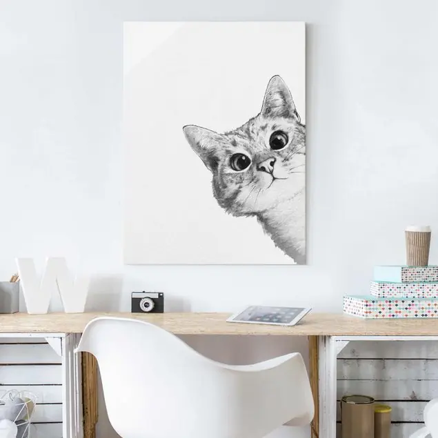 Begrenztes Angebot Illustration Katze Zeichnung Schwarz Weiß Glasbild - Hochformat