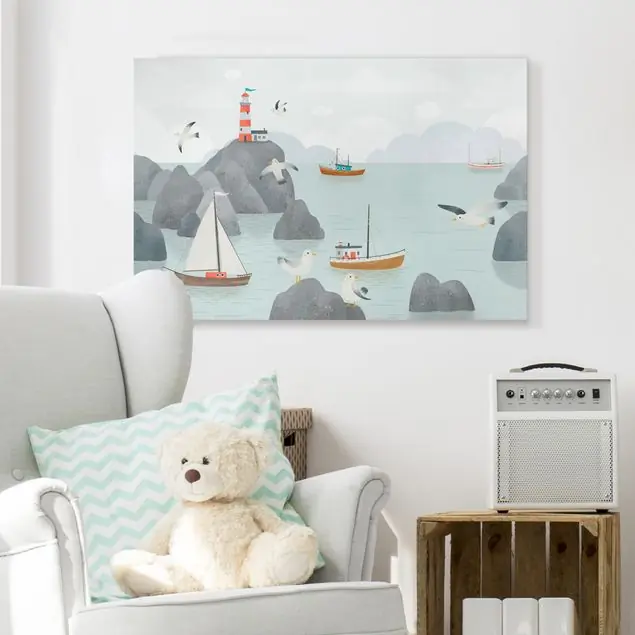 Meer mit Felsen, Booten und Möwen Leinwandbild – Canvas Sonderaktion