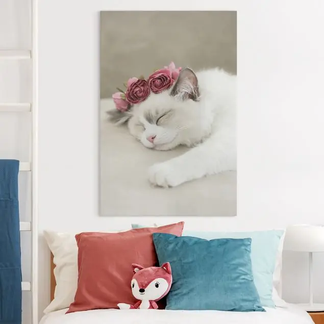 Echt Schlafende Katze mit Rosen Leinwandbild – Canvas
