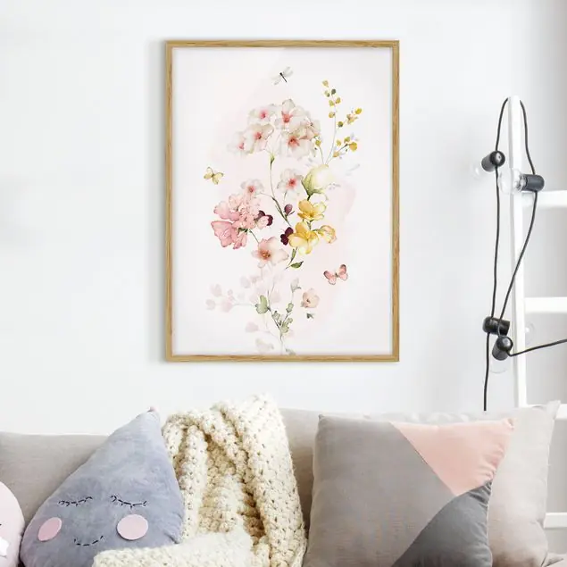 Abverkauf Aquarell Blumenranke mit Schmetterlingen und Libelle Bild mit Rahmen