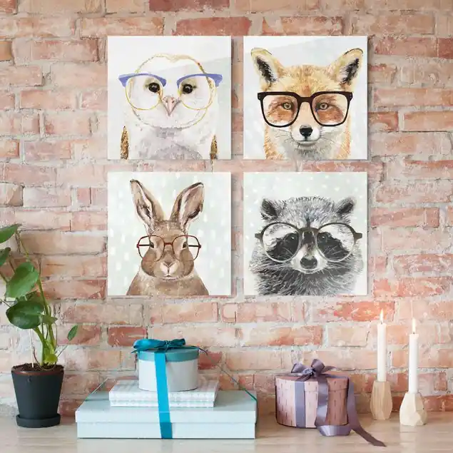 Bebrillte Tiere Set II 4-teiliges Glasbild - Quadrat Nur Für Kurze Zeit