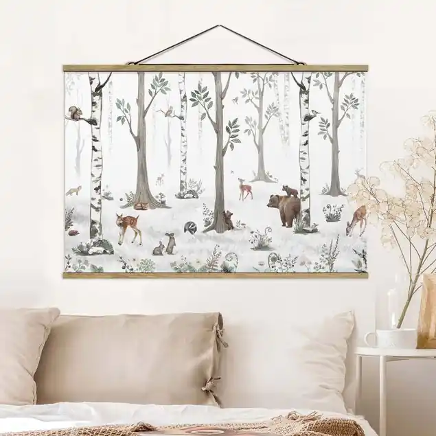 Leiser weißer Wald mit Tieren Stoffbild mit Posterleisten Top-Angebot