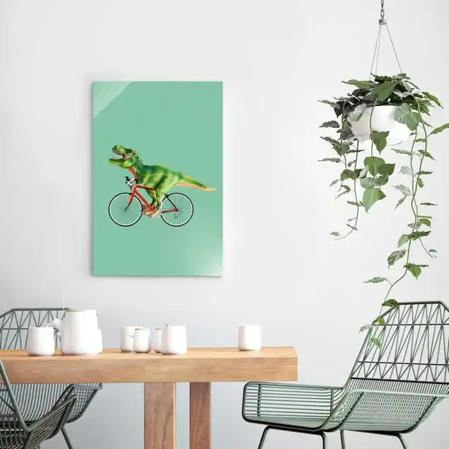 Dinosaurier mit Fahrrad Glasbild - Hochformat Solange Der Vorrat Reicht