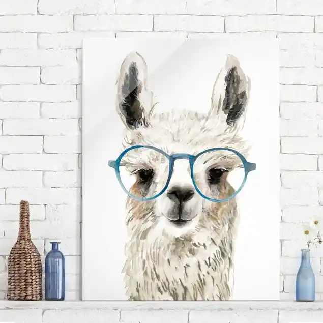 Geprüft Hippes Lama mit Brille III Glasbild - Hochformat