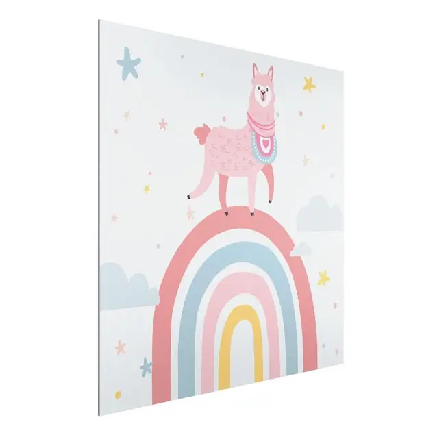Lama auf Regenbogen mit Sternen und Pünktchen Alu-Dibond Bild Top-Preis