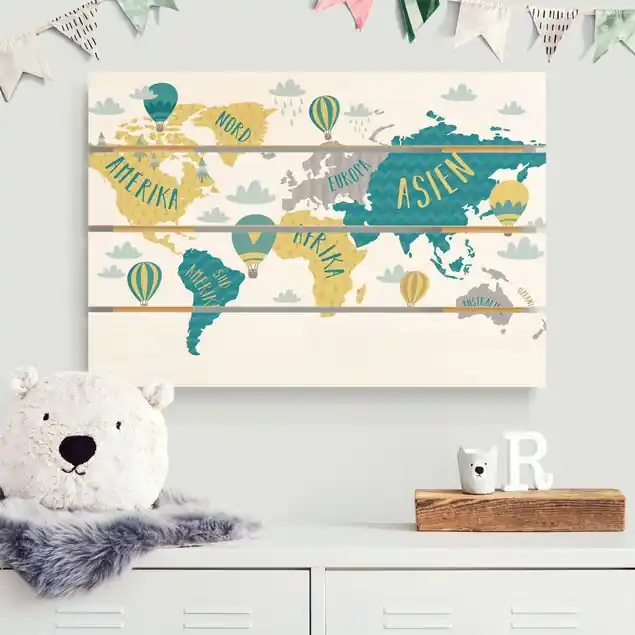 Weltkarte mit Heißluftballon Holzbild Plankenoptik - Querformat Markenware