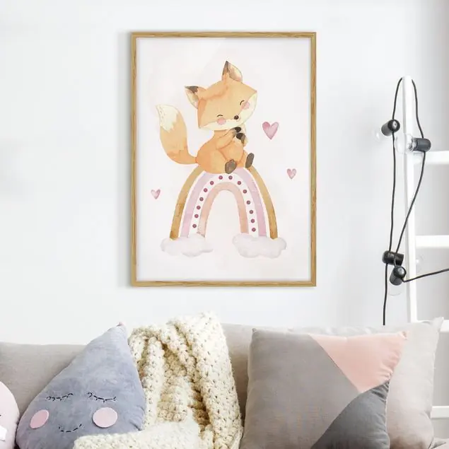 Preisknaller Fuchsbaby auf Regenbogen Rosa Bild mit Rahmen