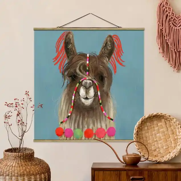 Echt Lama mit Schmuck I Stoffbild - Quadrat