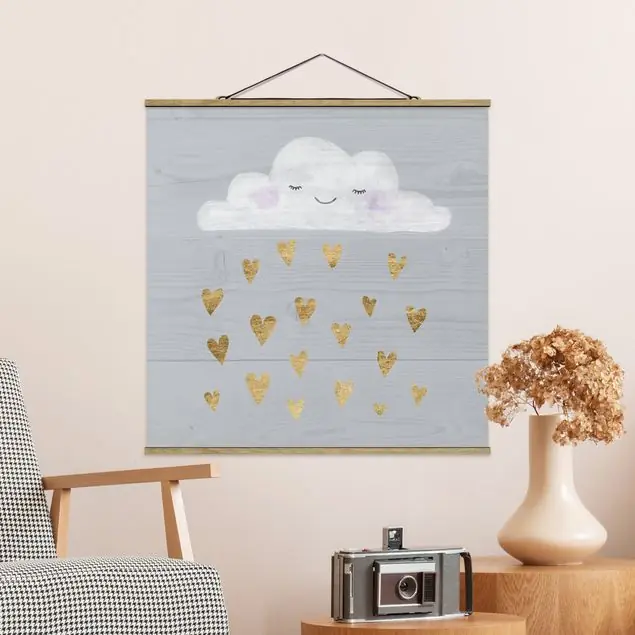 Gratis Versand Wolke mit goldenen Herzen Stoffbild - Quadrat