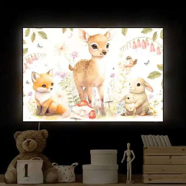 Neue Kollektion Fuchs Rehkitz und Hase auf Blumenwiese LED-Wechselbild