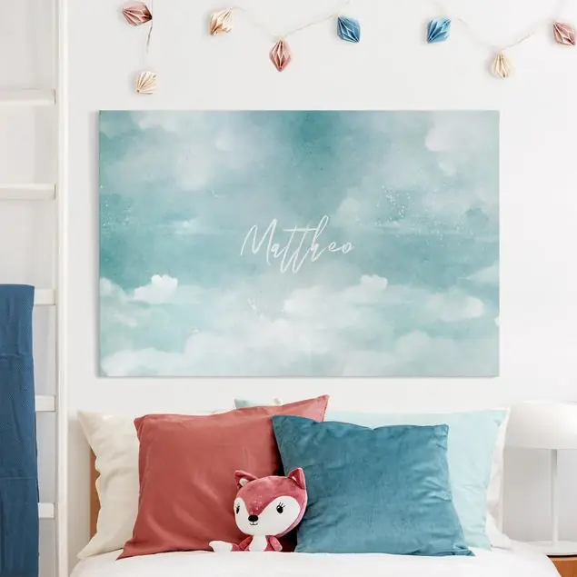 Wolkenhimmel Türkis mit Wunschname Leinwandbild – Canvas Super-Preis