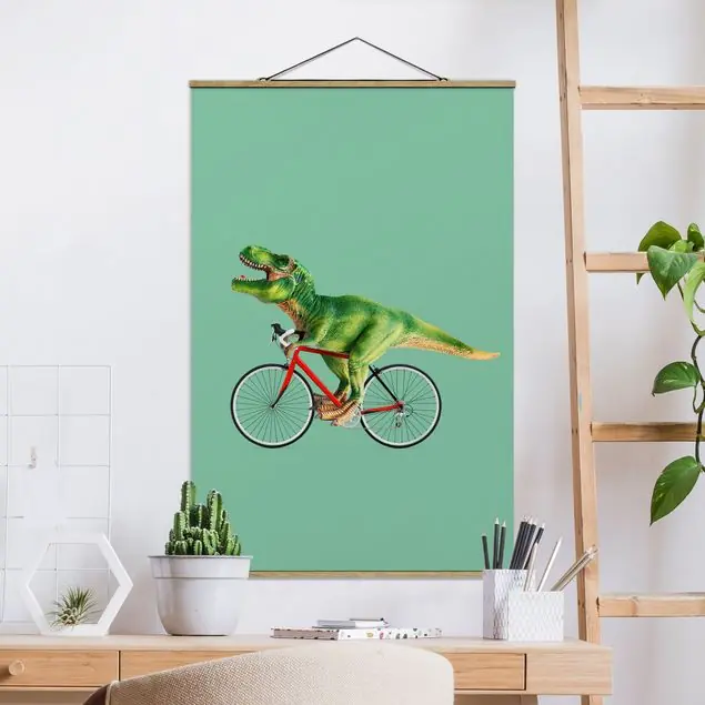 Super-Preis Dinosaurier mit Fahrrad Stoffbild - Hochformat