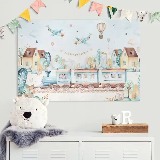 Preisknaller Aquarell Eisenbahn Party Leinwandbild – Canvas