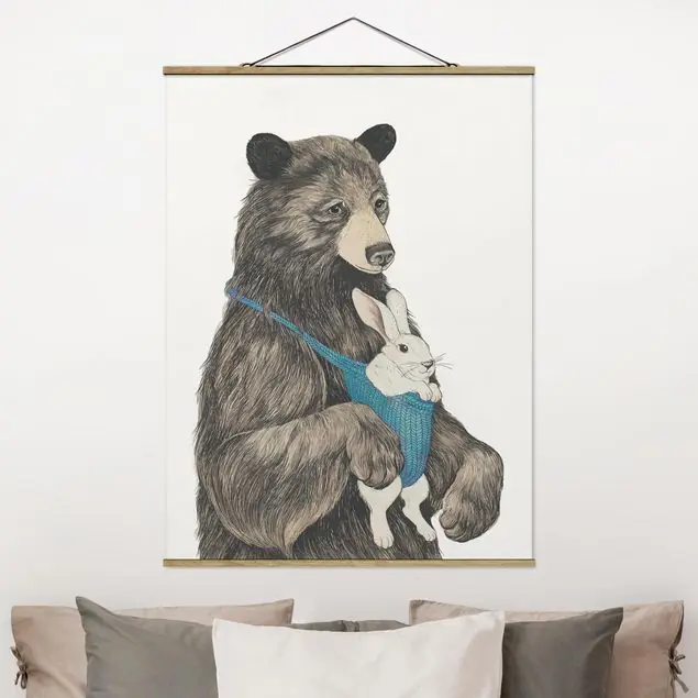 Heißes Angebot Illustration Bär und Hase Baby Stoffbild - Hochformat