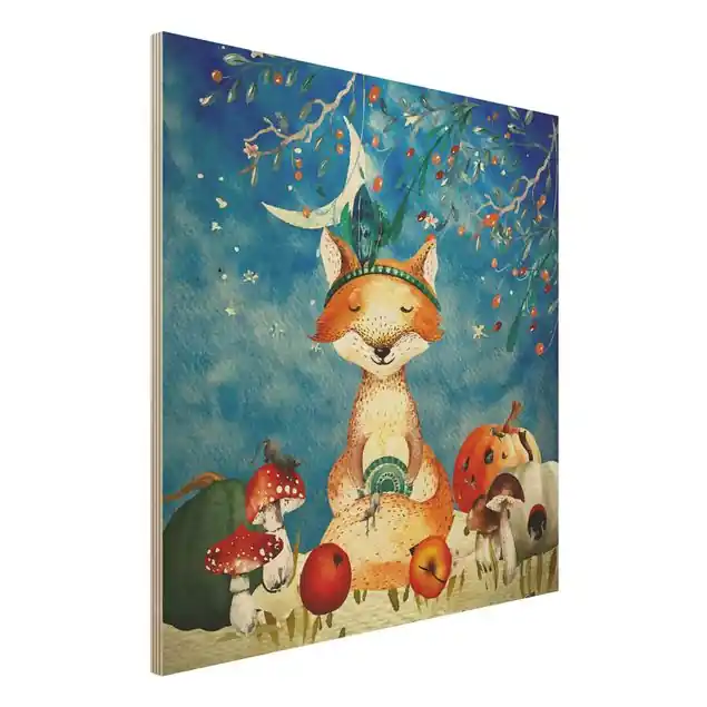 Aquarell Fuchs im Mondschein Holzbild Abverkauf
