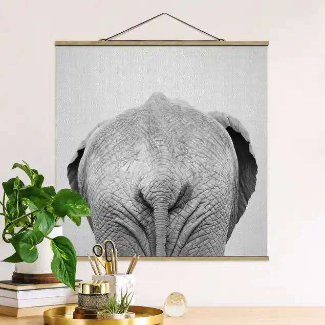 Elefant von hinten Schwarz Weiß Stoffbild Online Kaufen