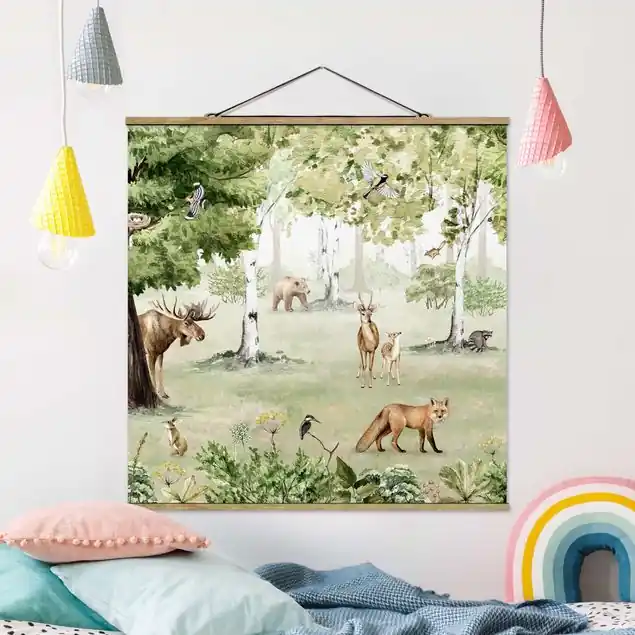 Frühling im nordischen Wald Stoffbild mit Posterleisten Angebot