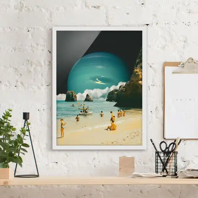Retro Collage - Weltraum Strand Bild mit Rahmen Kostenloser Rückversand