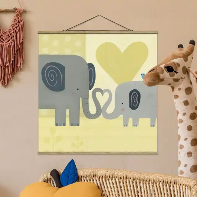 Mama und ich - Elefanten Stoffbild - Quadrat Neue Ware