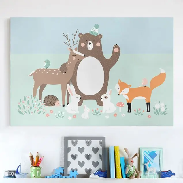 Beliebt Forest Friends mit Waldtieren blau Leinwandbild – Canvas