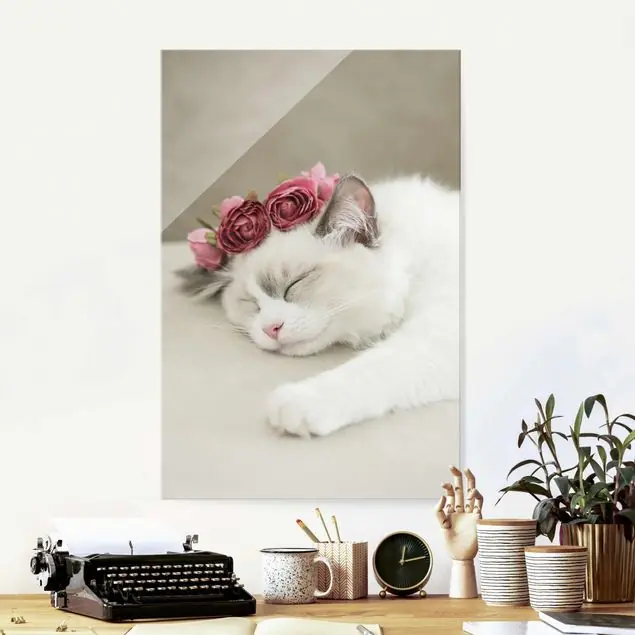 Schlafende Katze mit Rosen Glasbild Garantierte Lieferung