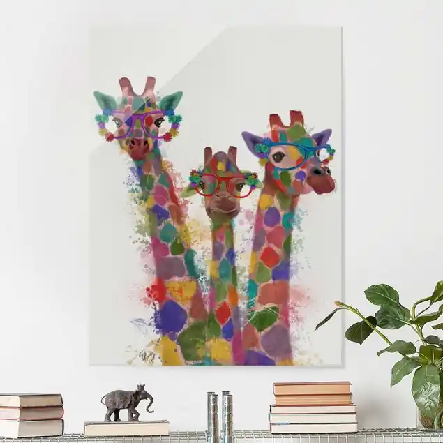 Regenbogen Splash Giraffen-Trio Glasbild - Hochformat Sonderaktion
