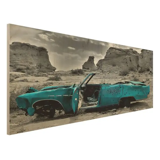 Günstig Türkiser Cadillac Holzbild - Panorama