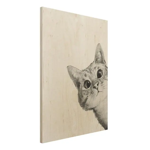 Illustration Katze Zeichnung Schwarz Weiß Holzbild - Hochformat 3:4 Must-Have