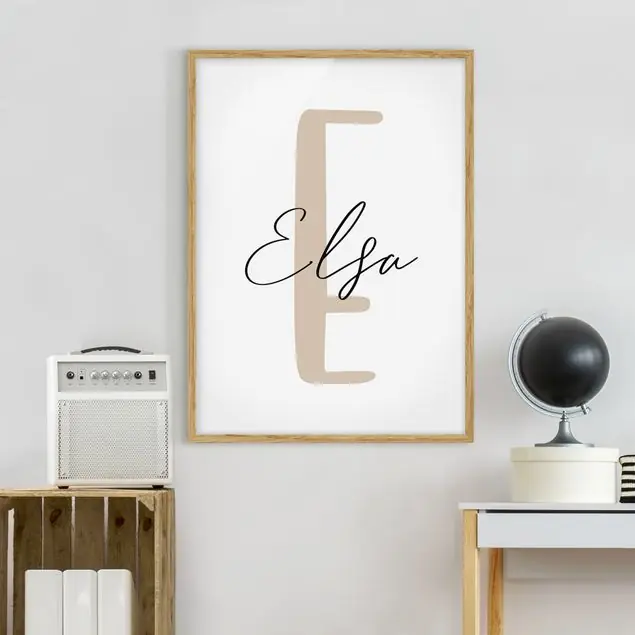 Echt Wunschbuchstabe mit Wunschtext Beige Bild mit Rahmen