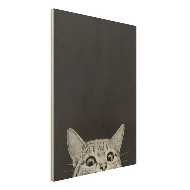 Preiswert Illustration Katze Schwarz Weiß Zeichnung Holzbild - Hochformat 3:4