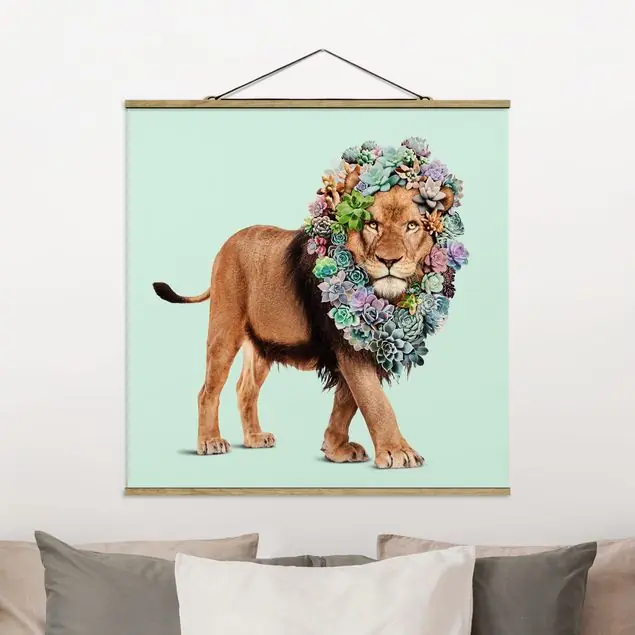 Löwe mit Sukkulenten Stoffbild - Quadrat Begrenztes Angebot
