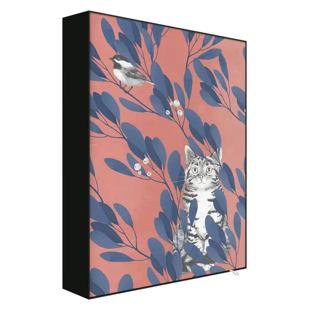 Direkt Vom Hersteller Illustration Katze und Vogel auf Ast Blau Rot Akustik-Wechselbild