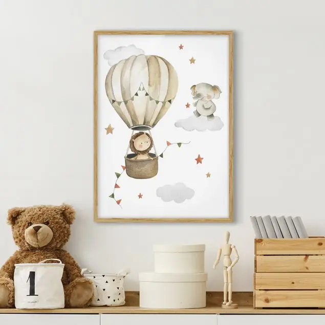 Löwe auf Safari im Heißluftballon Bild mit Rahmen Neue Ware