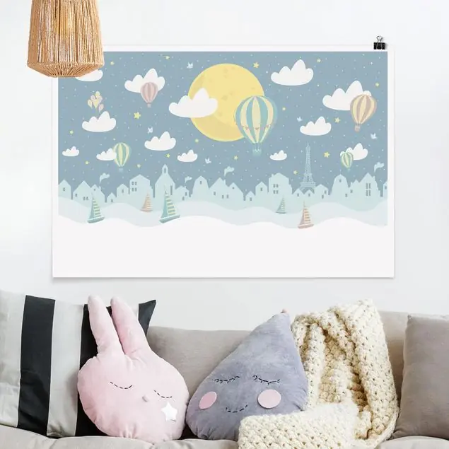 Paris mit Sternen und Heißluftballon Poster - Querformat Kostenfreie Lieferung
