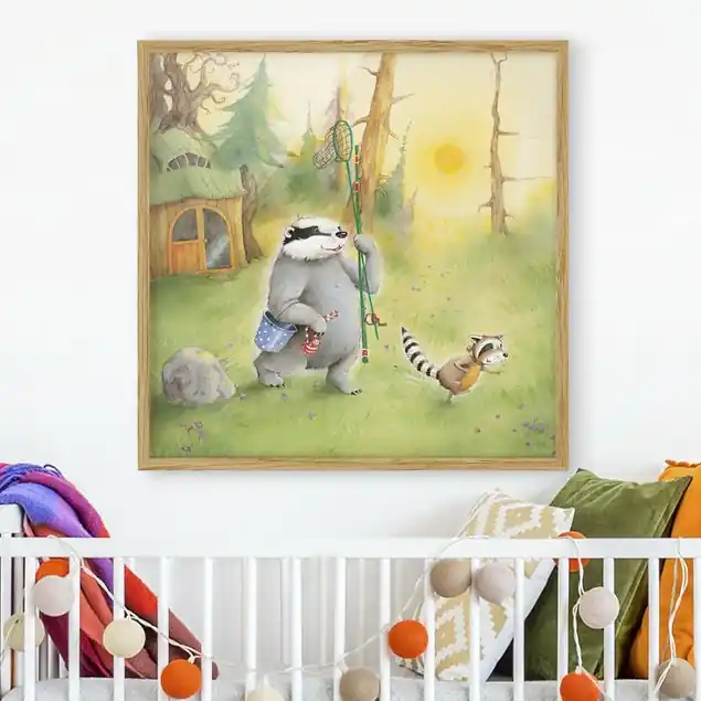 Markenware Wassili Waschbär - Wassili und Sibelius gehen angeln Bild mit Rahmen - Quadrat