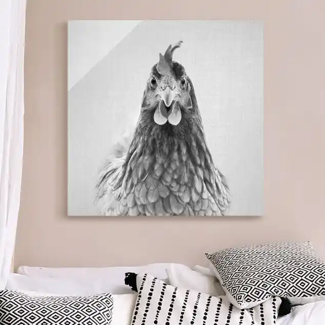 Henne Henriette Schwarz Weiß Glasbild Sonderangebot
