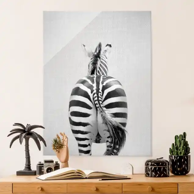 Zebra von hinten Schwarz Weiß Glasbild Markenprodukt