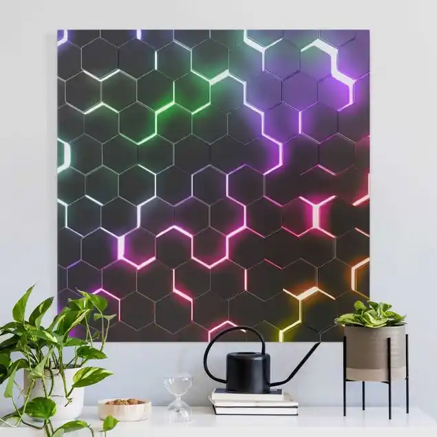 Strukturierte Hexagone mit Neonlicht Leinwandbild – Canvas Must-Have