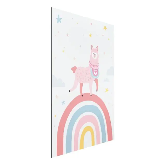 Lama auf Regenbogen mit Sternen und Pünktchen Alu-Dibond Bild Angebot