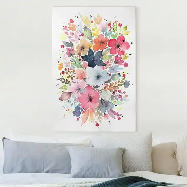 Neue Ware Esther Meinl - Farbenfrohe Aquarell Blumen Leinwandbild – Canvas