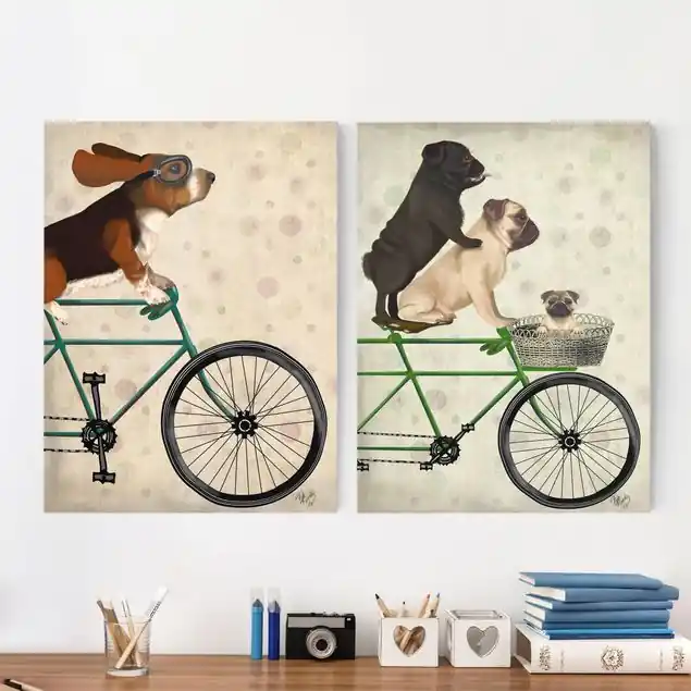 Beliebt Radtour - Basset und Möpse Set I 2-teiliges Leinwandbild - Hochformat