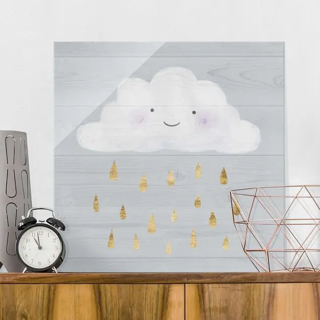 Begrenztes Angebot Wolke mit goldenen Regentropfen Glasbild - Quadrat