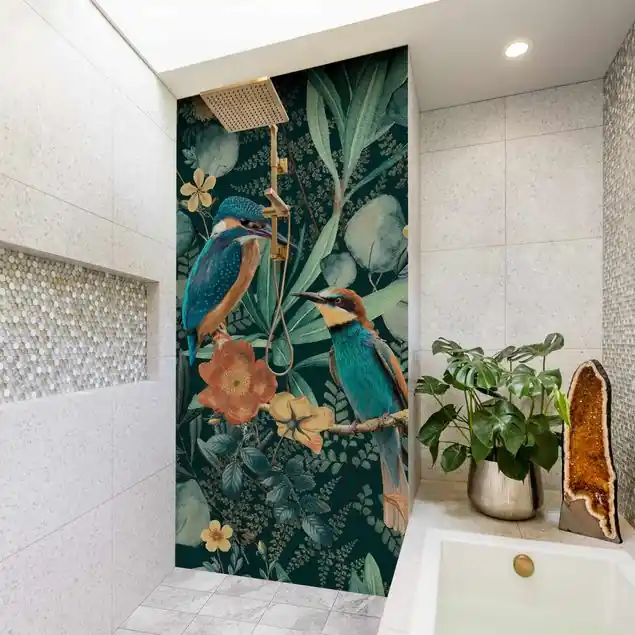 Blumenparadies Eisvogel und Kolibri Duschrückwand • selbstklebend • glänzend • 0,35 mm Begrenztes Angebot