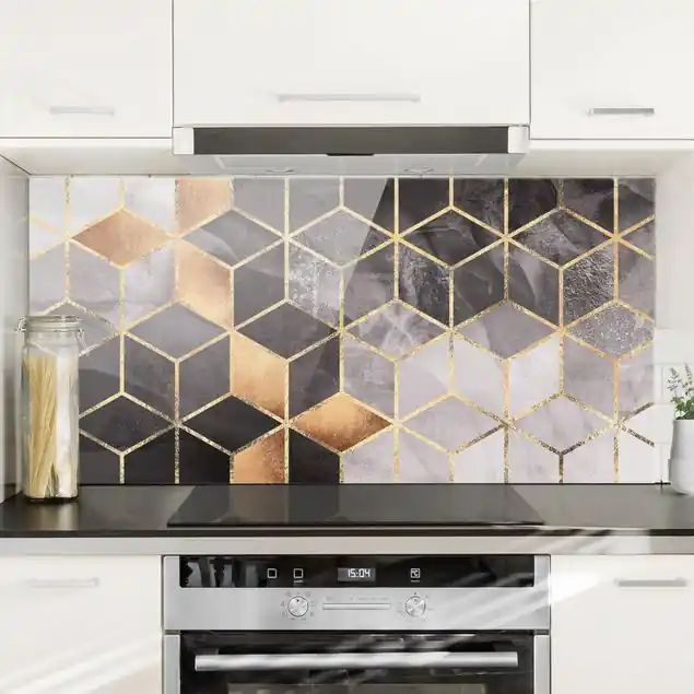Schwarz Weiß goldene Geometrie Glas Spritzschutz - Querformat 2:1 Letzte Chance