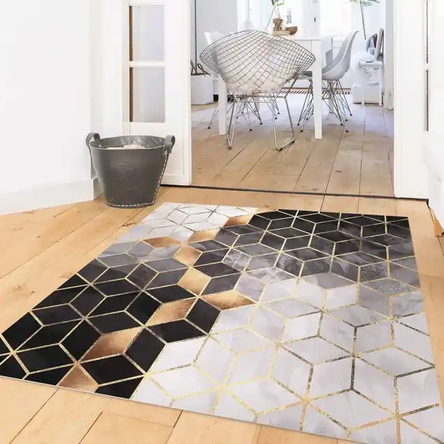 Schwarz Weiß goldene Geometrie Premium Vinylteppich 2,2 mm • hergestellt in Deutschland • glatt • abwaschbar • ideal für Haushalte mit Tieren Finale Aktion