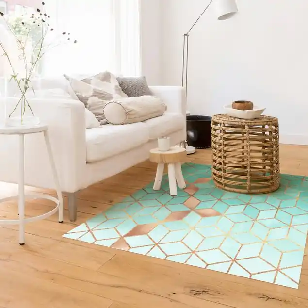 Türkis Weiß goldene Geometrie Premium Vinylteppich 2,2 mm • hergestellt in Deutschland • glatt • abwaschbar • ideal für Haushalte mit Tieren Bestpreis